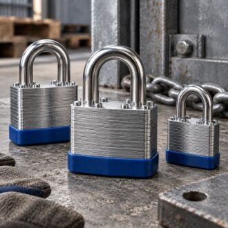 Laminated steel padlocks with heavy duty construction for industrial security applications