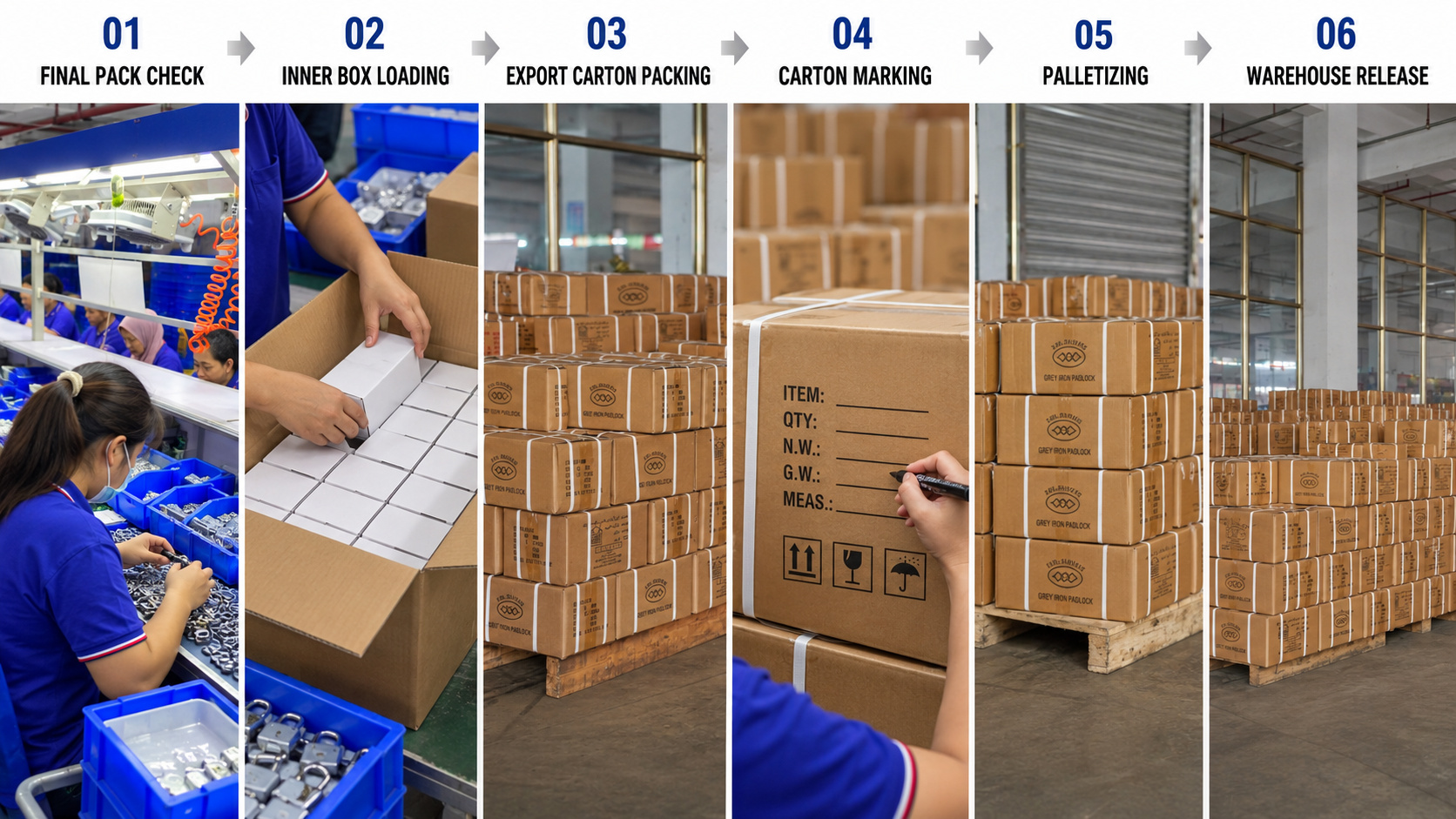 Padlock export carton packing and warehouse preparation